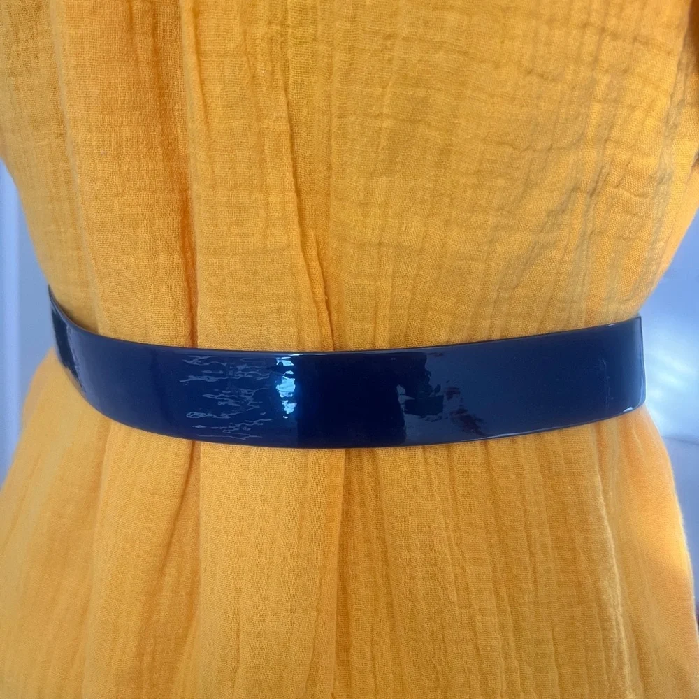Vintage 80s Women’s Blue Patent Leather High Waist Rectangle Buckle Fashion Belt
